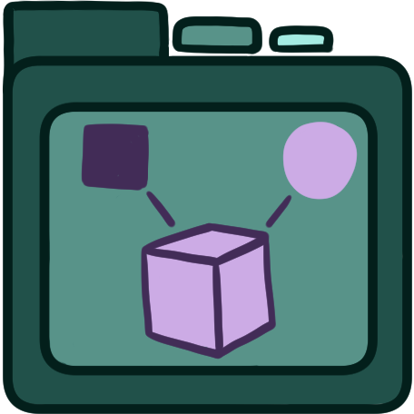 a teal file folder with a lilac cube on it, 2 lines go from the cube to a square and a lilac circle.